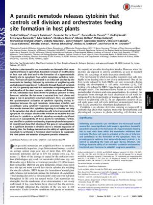 A Parasitic Nematode Releases Cytokinin That Controls Cell Division and Orchestrates Feeding Site Formation in Host Plants