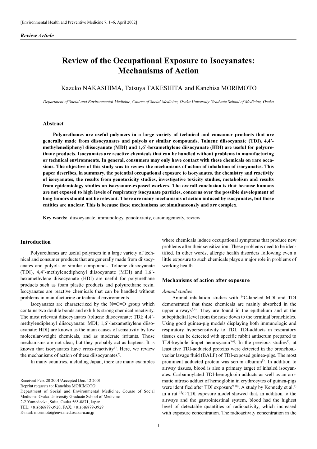 Review of the Occupational Exposure to Isocyanates: Mechanisms of Action