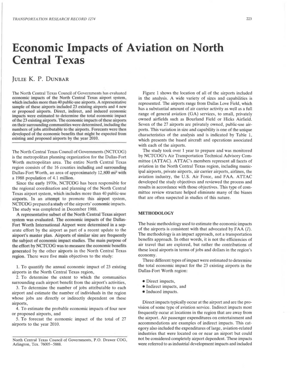 Economic Impacts of Aviation on North Central Texas