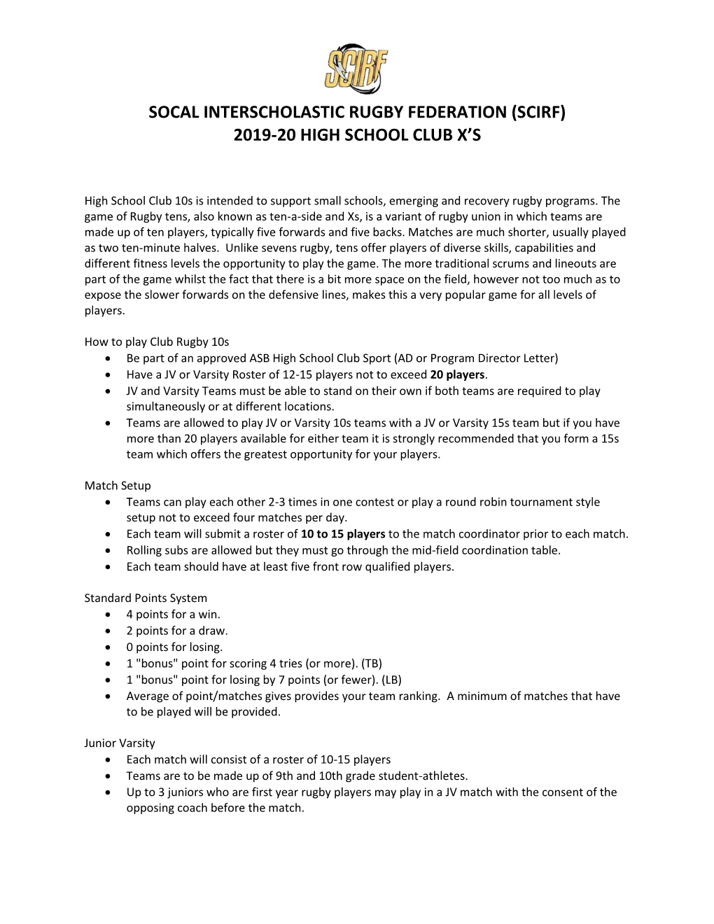 Socal Interscholastic Rugby Federation (Scirf) 2019-20 High School Club X’S