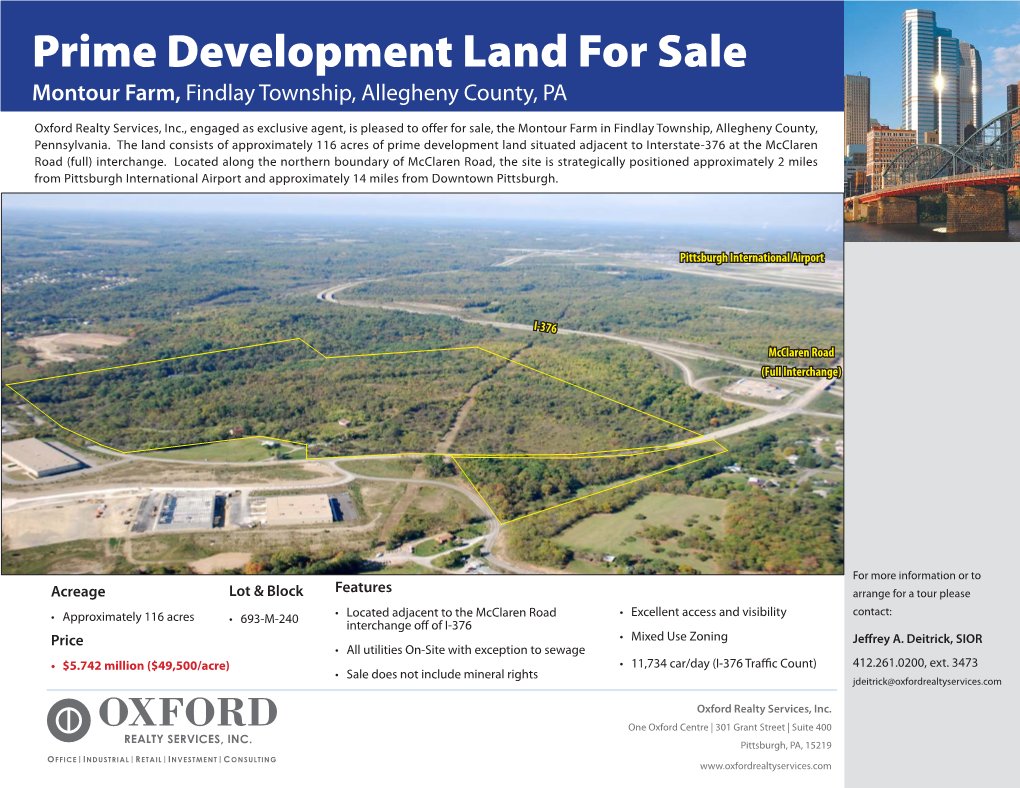 Prime Development Land for Sale Montour Farm, Findlay Township, Allegheny County, PA