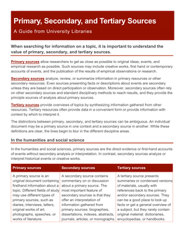 Primary, Secondary, and Tertiary Sources a Guide from University Libraries