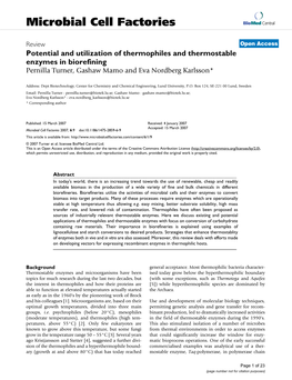 Potential and Utilization of Thermophiles and Thermostable Enzymes in Biorefining Pernilla Turner, Gashaw Mamo and Eva Nordberg Karlsson*