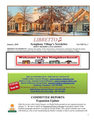 LIBRETTO ♫ January, 2018 Symphony Village’S Newsletter Vol