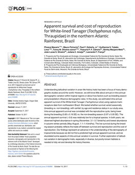 Apparent Survival and Cost of Reproduction for White-Lined Tanager (Tachyphonus Rufus, Thraupidae) in the Northern Atlantic Rainforest, Brazil