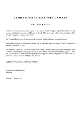 Cyprus Popular Bank Public Co Ltd