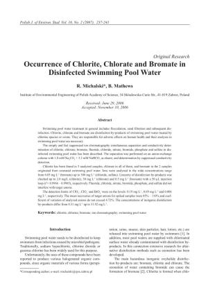 Occurrence of Chlorite, Chlorate and Bromate in Disinfected Swimming Pool Water