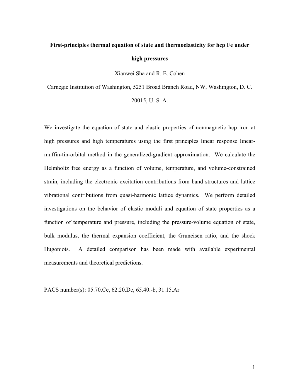 1 First-Principles Thermal Equation of State and Thermoelasticity for Hcp Fe