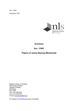 Inventory Acc. 13461 Papers of James Ramsay Macdonald