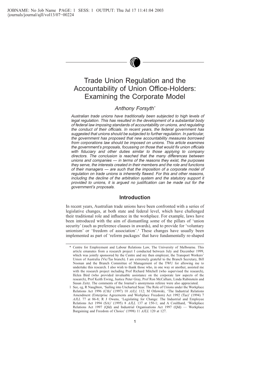 Trade Union Regulation and the Accountability of Union Office-Holders: Examining the Corporate Model