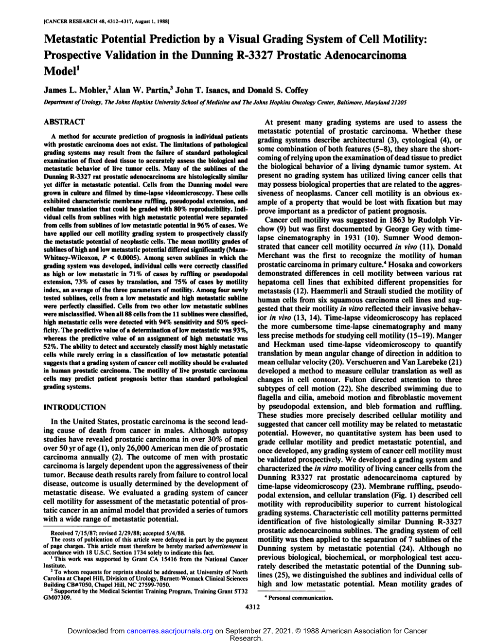 Metastatic Potential Prediction by a Visual Grading System of Cell Motility: Prospective Validation in the Dunning R-3327 Prostatic Adenocarcinoma Model1