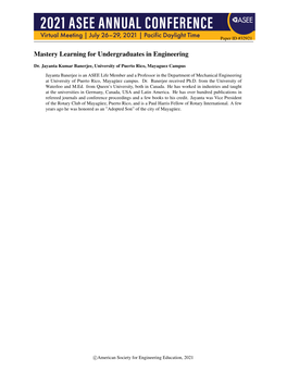 Mastery Learning for Undergraduates in Engineering