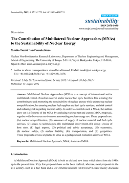 The Contribution of Multilateral Nuclear Approaches (Mnas) to the Sustainability of Nuclear Energy