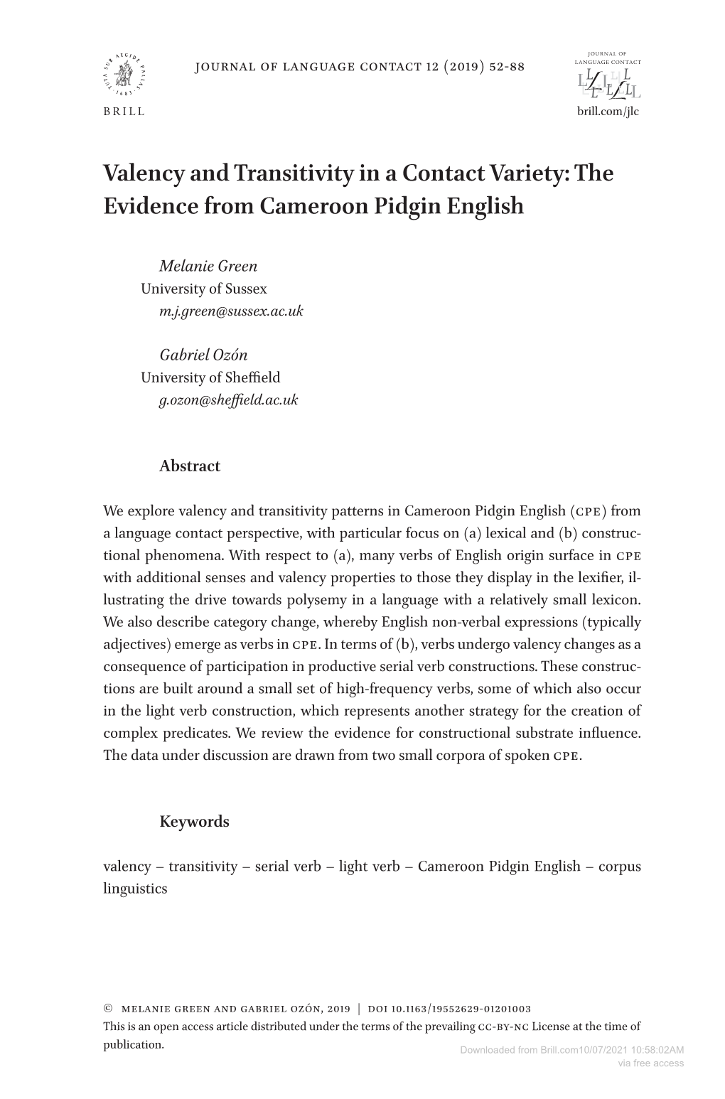 Valency and Transitivity in a Contact Variety: the Evidence from Cameroon Pidgin English