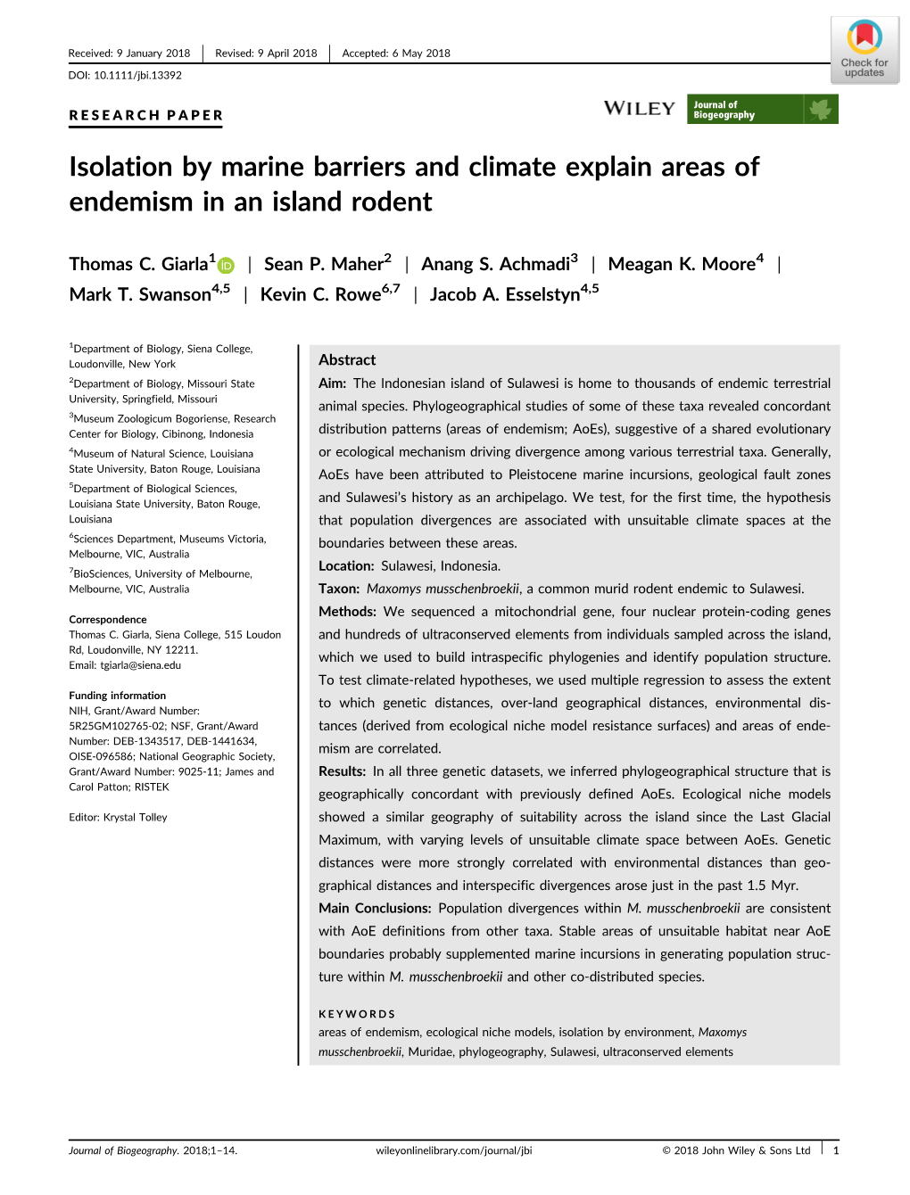 Isolation by Marine Barriers and Climate Explain Areas of Endemism in an Island Rodent
