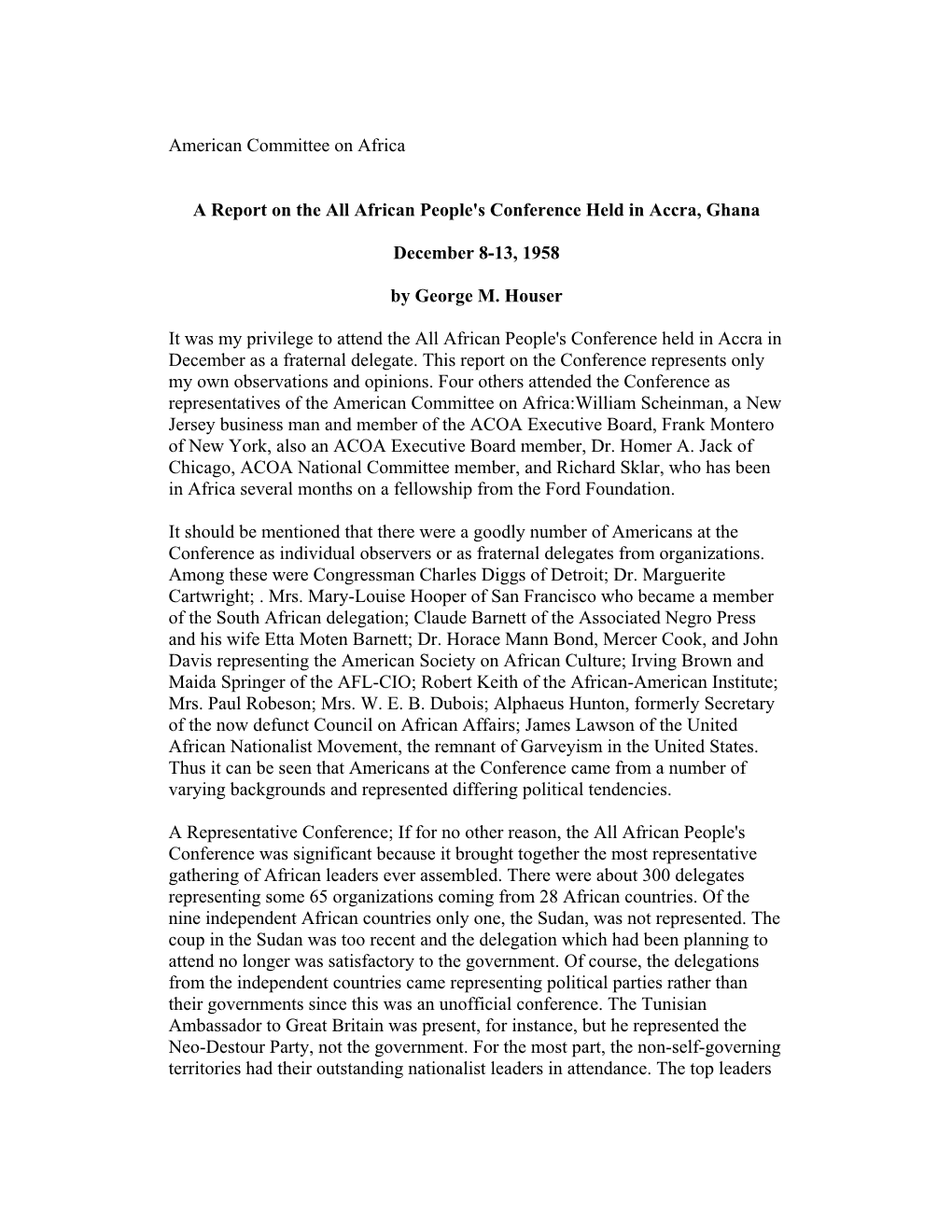 American Committee on Africa a Report on the All African People's Conference Held in Accra, Ghana December 8-13, 1958 by George