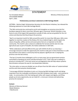 STATEMENT for Immediate Release Ministry of Attorney General 2021AG0040-000606 April 1, 2021 Parliamentary Secretary͛s Statement on Sikh Heritage Month