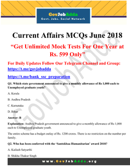 Current Affairs Mcqs June 2018 ―Get Unlimited Mock Tests for One Year at Rs
