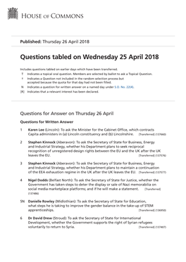 Questions Tabled on Wed 25 Apr 2018