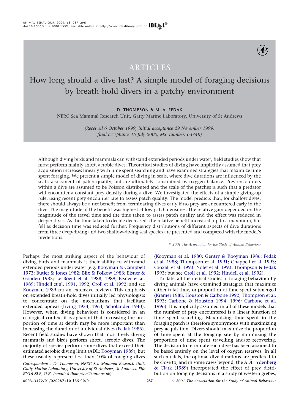 How Long Should a Dive Last? a Simple Model of Foraging Decisions by Breath-Hold Divers in a Patchy Environment