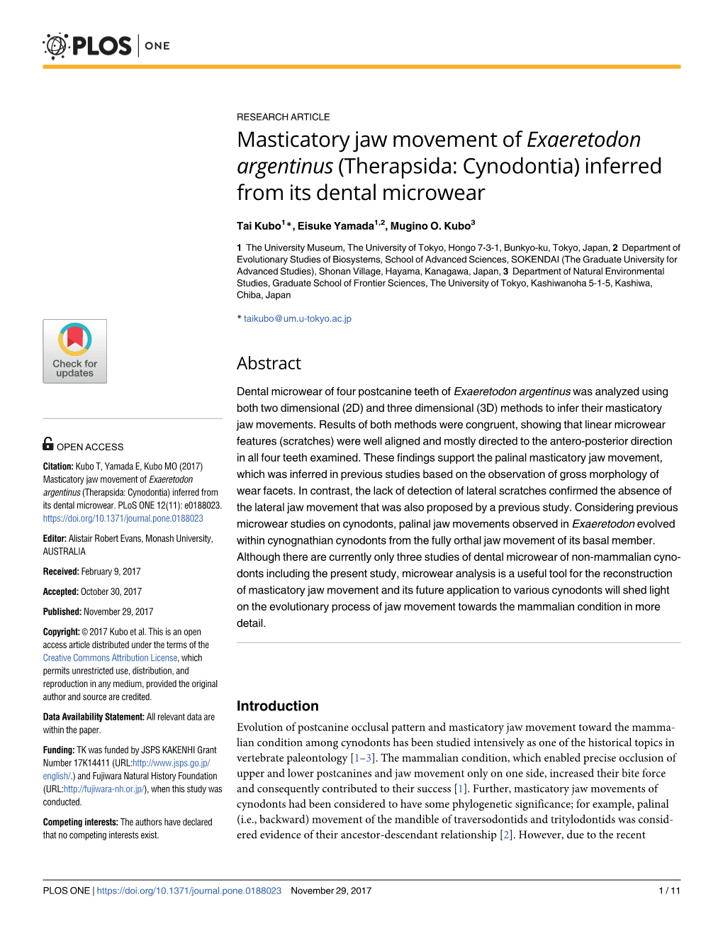 Masticatory Jaw Movement of Exaeretodon Argentinus (Therapsida: Cynodontia) Inferred from Its Dental Microwear