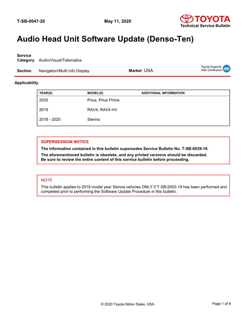 Audio Head Unit Software Update (Denso-Ten)