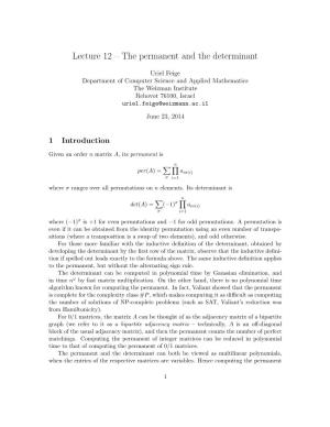 Lecture 12 – the Permanent and the Determinant