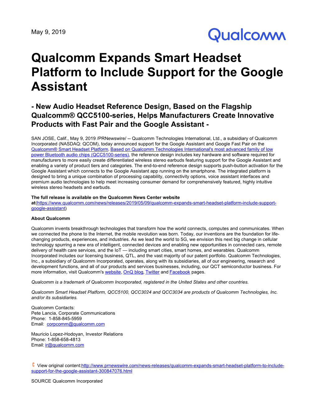 Qualcomm Expands Smart Headset Platform to Include Support for the Google Assistant