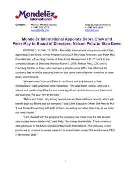 Mondelēz International Appoints Debra Crew and Peter May to Board of Directors; Nelson Peltz to Step Down