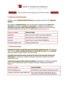 The Canadian Press Stylebook: Cheat Sheet for NCM Writers