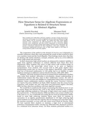 How Structure Sense for Algebraic Expressions Or Equations Is Related to Structure Sense for Abstract Algebra