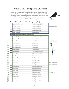 Ohio Damselfly Species Checklist