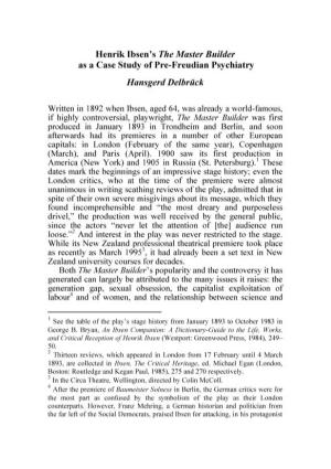 Henrik Ibsen's the Master Builder As a Case Study of Pre-Freudian Psychiatry Hansgerd Delbriick