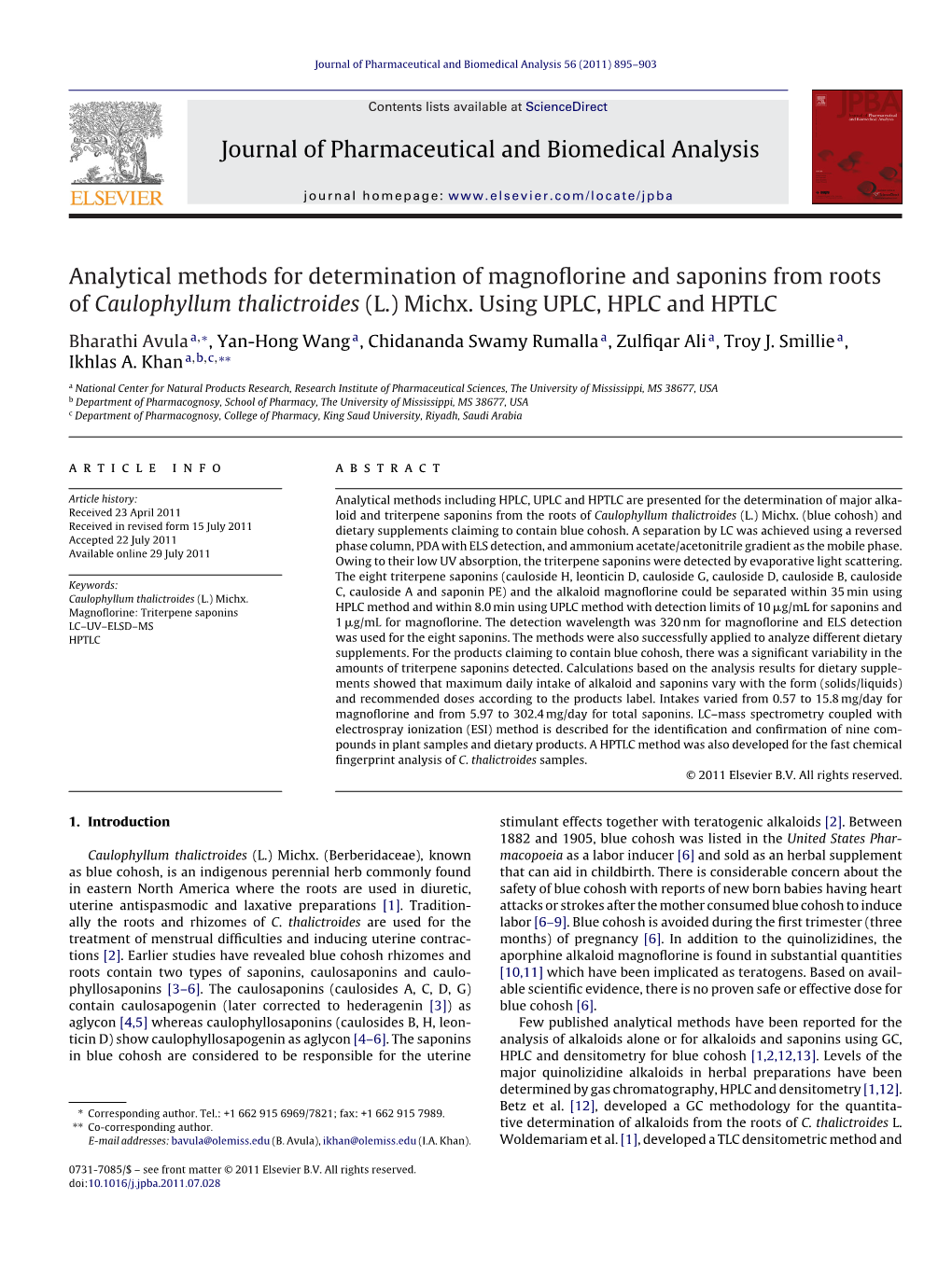Analytical Methods for Determination of Magnoflorine and Saponins from Roots of Caulophyllum Thalictroides