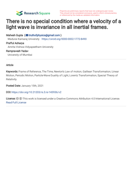 There Is No Special Condition Where a Velocity of a Light Wave Is Invariance in All Inertial Frames