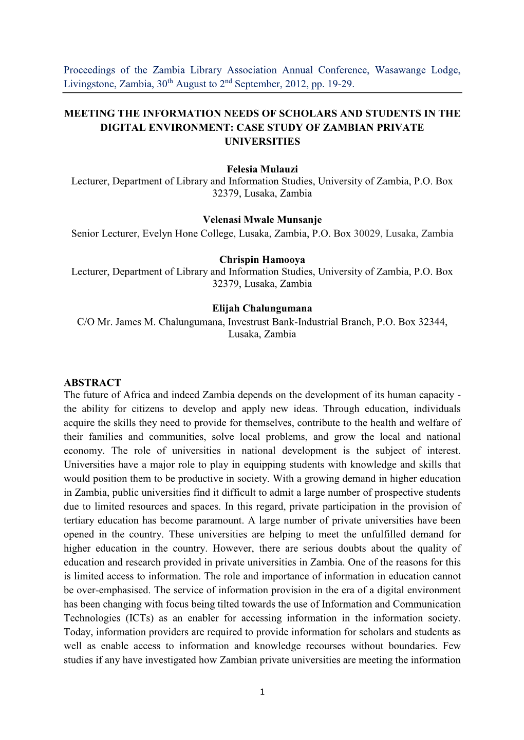 Proceedings of the Zambia Library Association Annual Conference, Wasawange Lodge, Livingstone, Zambia, 30Th August to 2Nd September, 2012, Pp