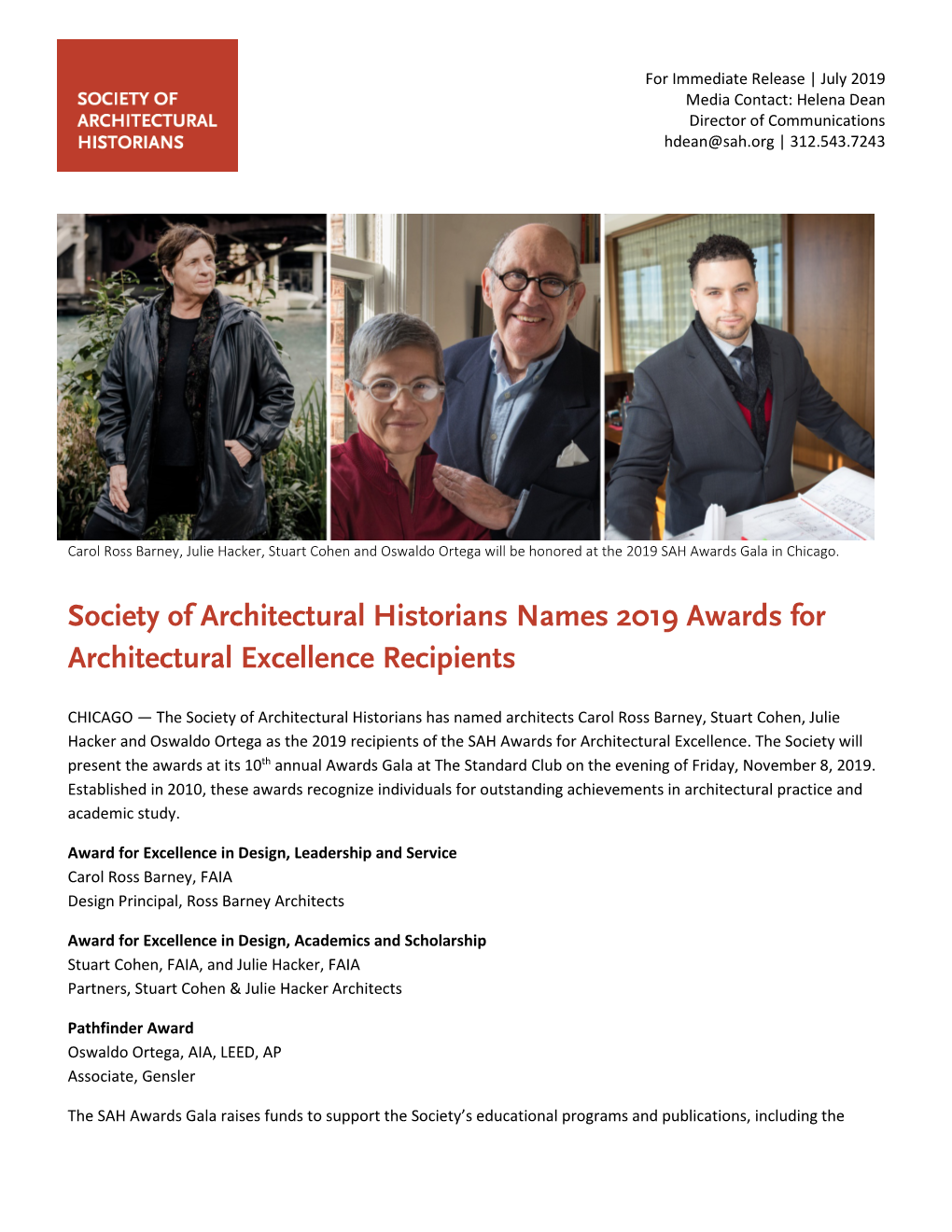 SAH Names Recipients of 2019 Awards for Architectural Excellence