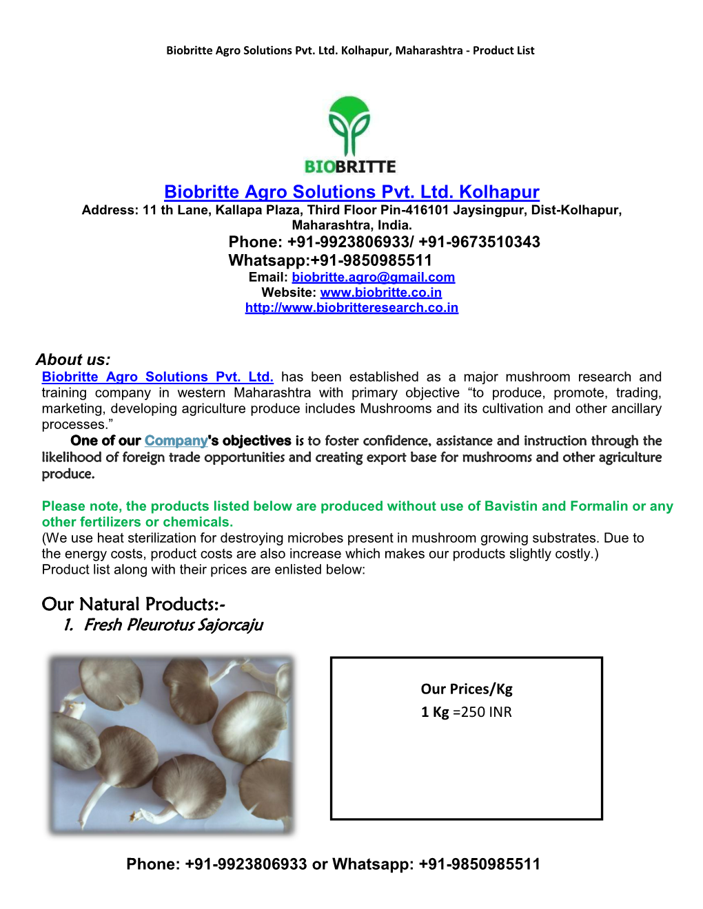 Biobritte Agro Solutions Pvt. Ltd. Kolhapur Our Natural Products