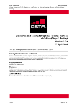 Guidelines and Testing for Optimal Routing - Service Definition (Stage 1 Testing)