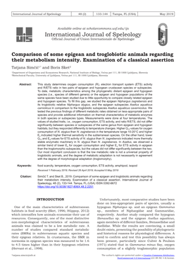 Comparison of Some Epigean and Troglobiotic Animals Regarding Their Metabolism Intensity