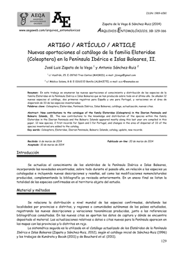 ARTIGO / ARTÍCULO / ARTICLE Nuevas Aportaciones Al Catálogo De La Familia Elateridae (Coleoptera) En La Península Ibérica E Islas Baleares, II