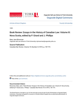 Book Review: Essays in the History of Canadian Law: Volume III: Nova Scotia, Edited by P