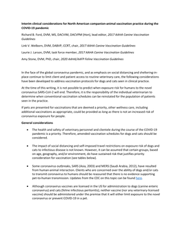 Interim Clinical Considerations for North American Companion-Animal Vaccination Practice During the COVID-19 Pandemic Richard B