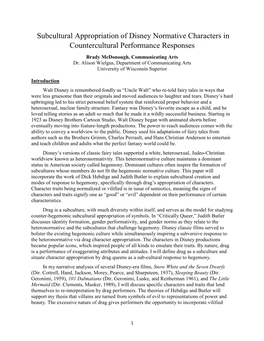 Subcultural Appropriation of Disney Normative Characters in Countercultural Performance Responses Brady Mcdonough, Communicating Arts Dr
