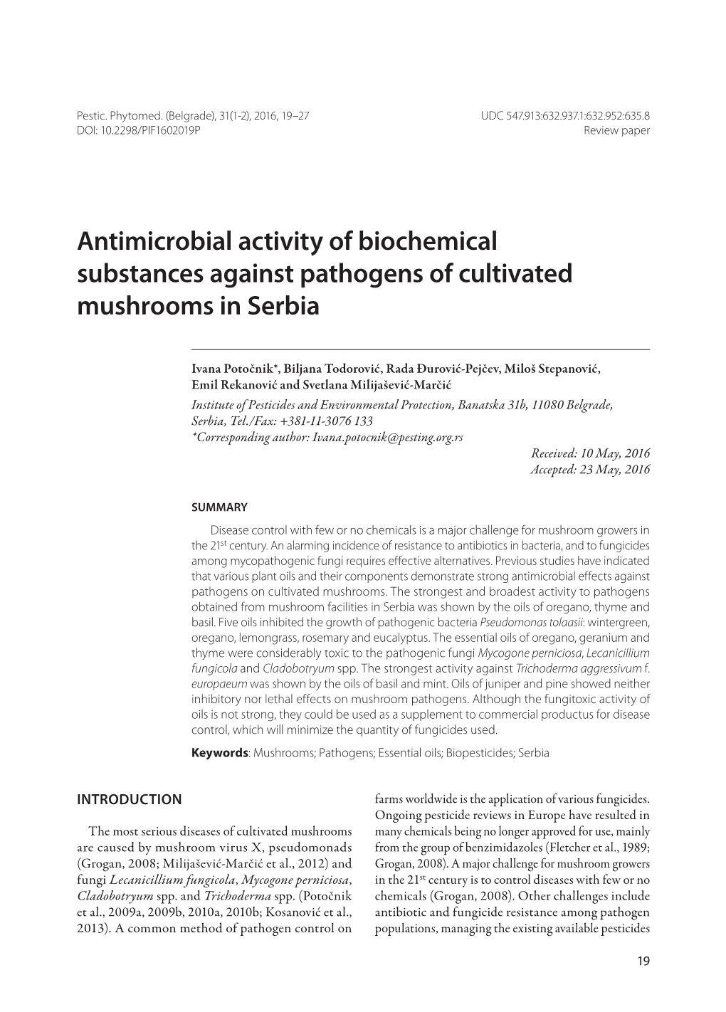 Antimicrobial Activity of Biochemical Substances Against Pathogens of Cultivated Mushrooms in Serbia