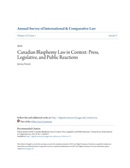 Canadian Blasphemy Law in Context: Press, Legislative, and Public Reactions Jeremy Patrick