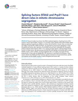 Splicing Factors Sf3a2 and Prp31 Have Direct Roles in Mitotic Chromosome Segregation