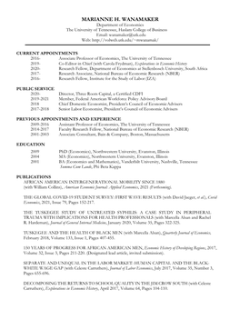 MARIANNE H. WANAMAKER Department of Economics the University of Tennessee, Haslam College of Business Email: Wanamaker@Utk.Edu Web