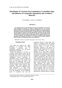 Distribution of Virachola Livia (Lepidoptera: Lycaenidae) Eggs and Influence of Conspecific Aggregation and Avoidance Behavior