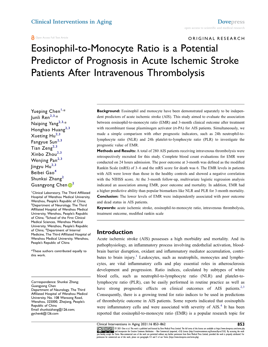 Eosinophil-To-Monocyte Ratio Is a Potential Predictor of Prognosis in Acute Ischemic Stroke Patients After Intravenous Thrombolysis